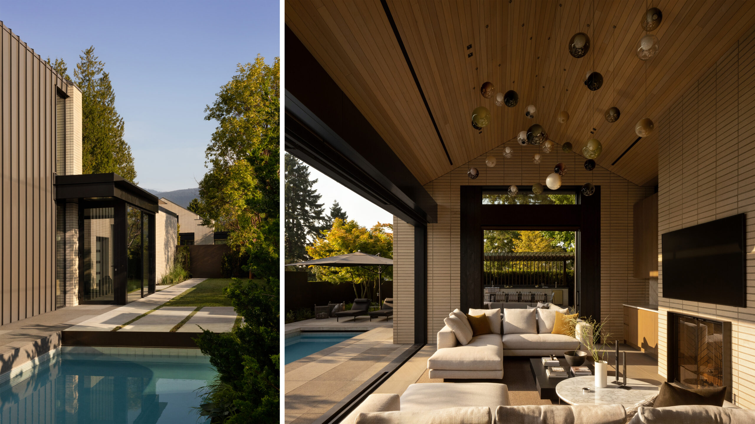 Split image: exterior of a modern house with a rectangular pool on the left, and a stylish indoor lounge with a hanging glass-orb installation on the right.