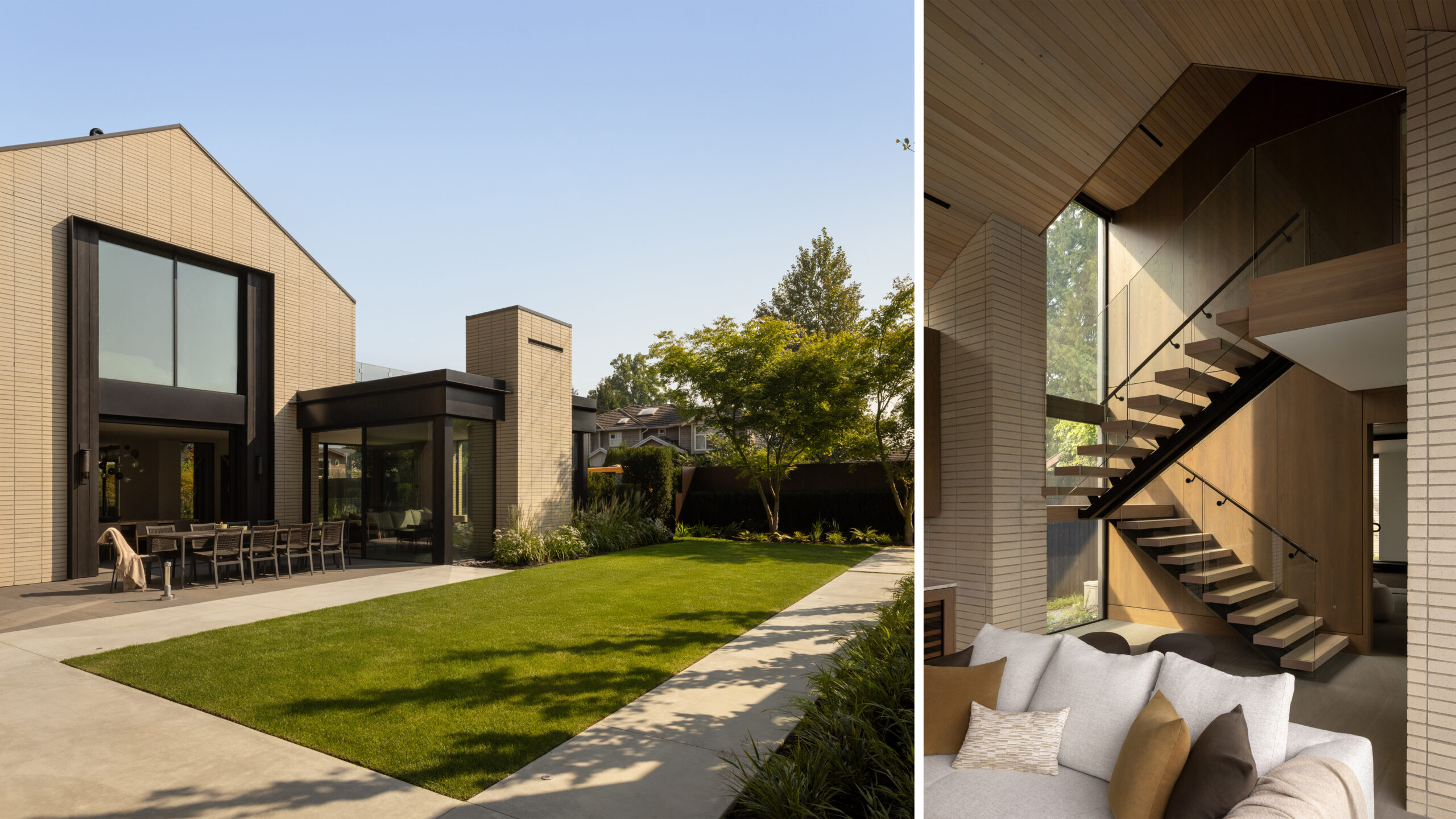 Modern house exterior with beige brick walls, large glass windows, and a manicured lawn; outdoor dining area under a covered patio on a sunny day.
