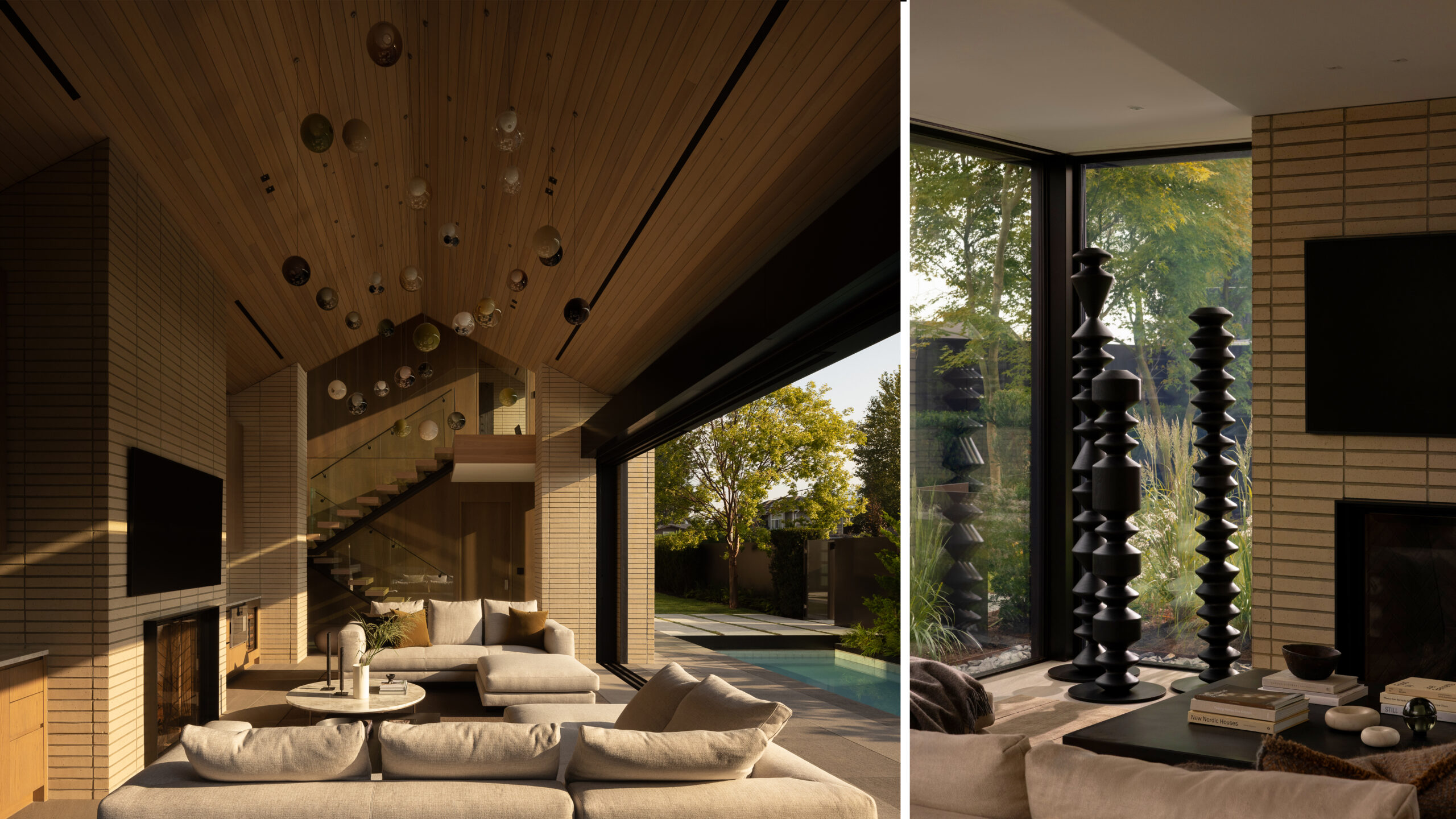 Split-view of a contemporary living room: left side shows a wood-clad vaulted ceiling with hanging glass orbs above a beige sectional; right side features floor-to-ceiling windows and black sculptural ornaments near the window.