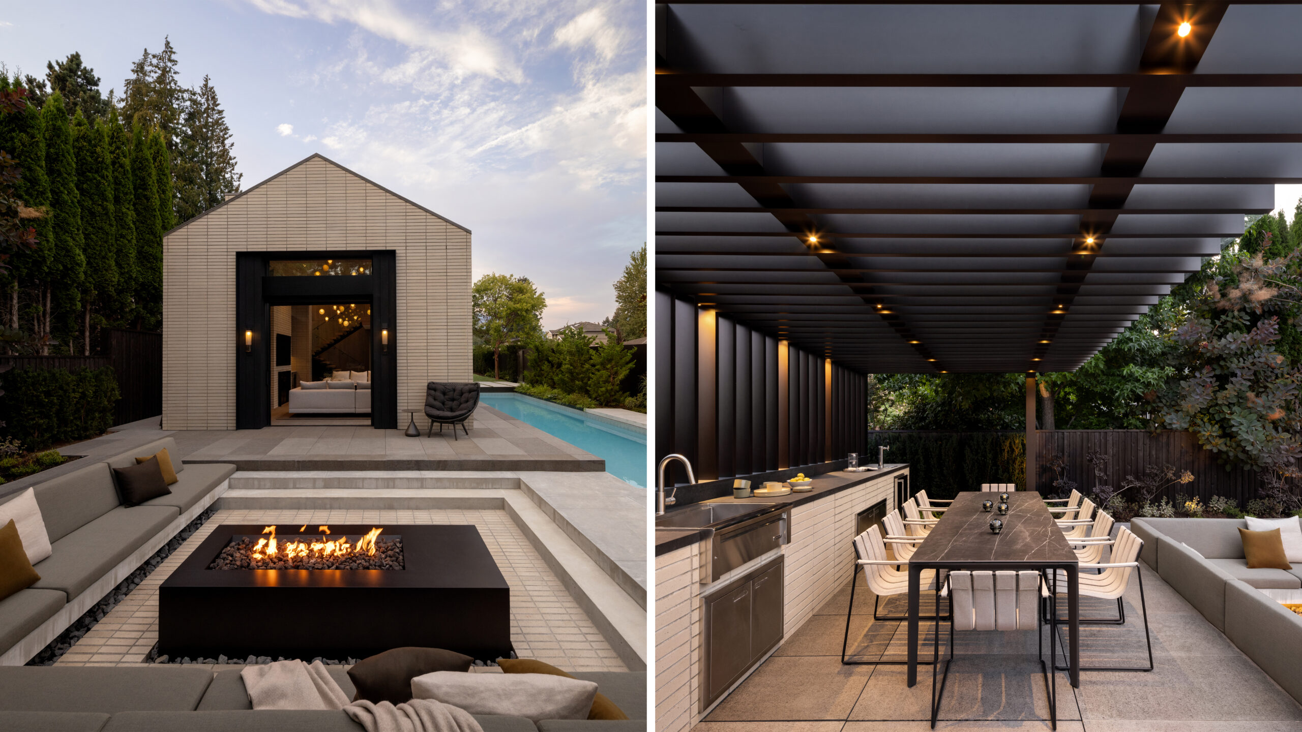 Modern backyard split view: left side shows a beige brick pavilion with a fire pit and pool; right side shows a dark pergola-covered outdoor kitchen and dining area.