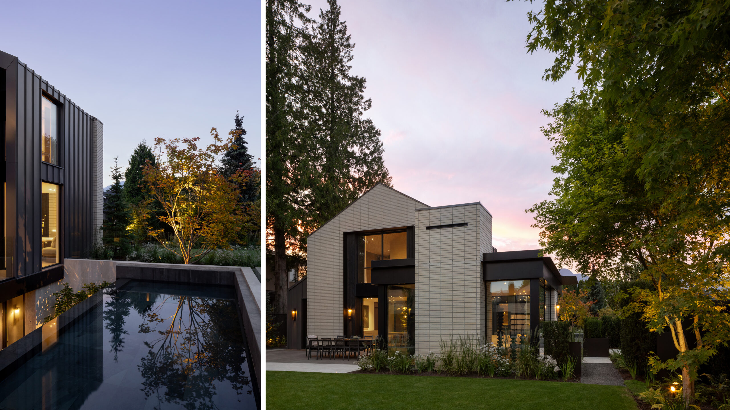 Two-panel collage of a modern house: left side shows dark vertical-slat exterior with large windows beside a reflective pool and surrounding trees; right side shows a beige-brick building with an outdoor dining area under a pink sunset sky and greenery.