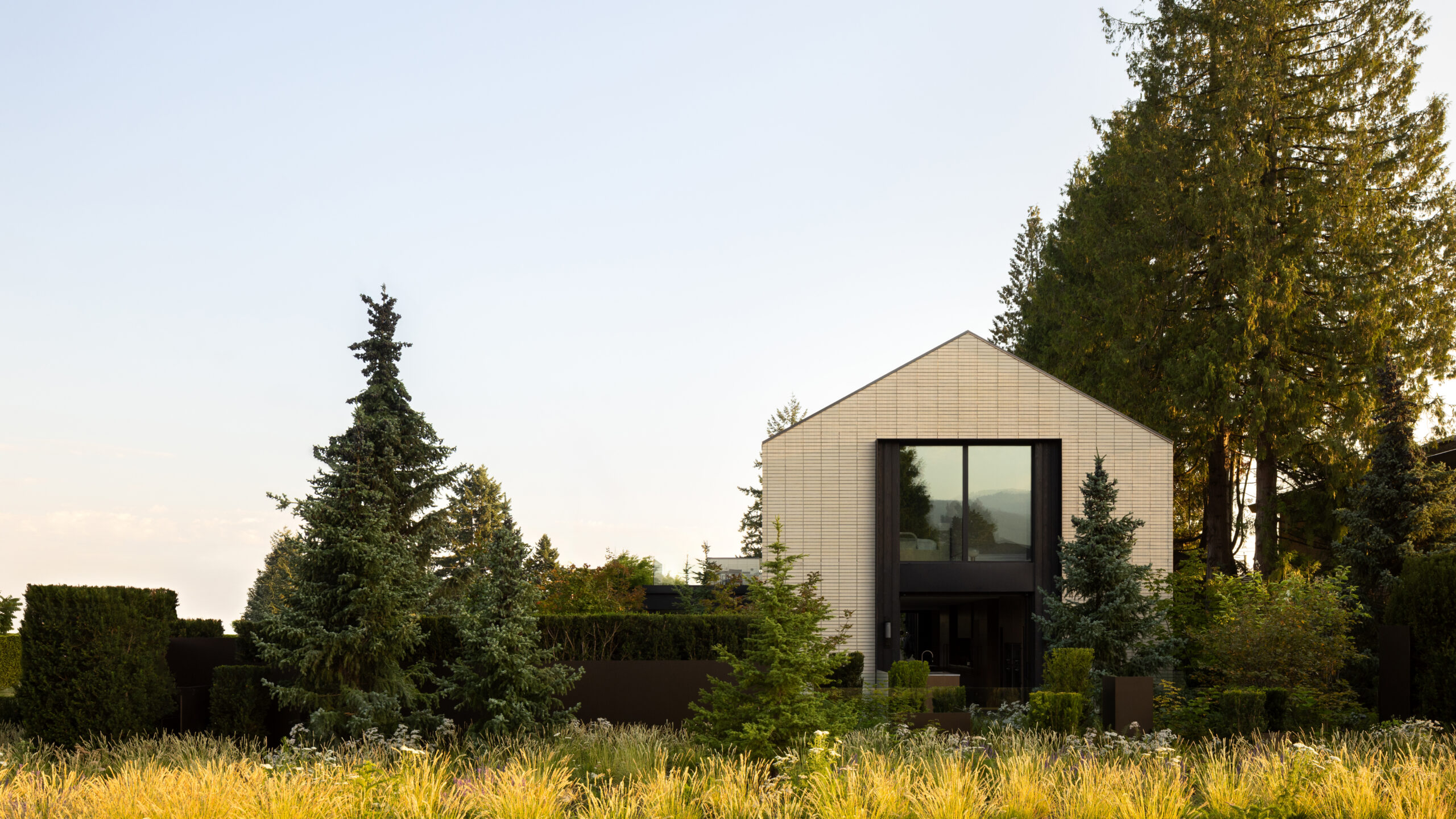 Modern brick house with a large front window surrounded by trees and shrubs under a clear sky.