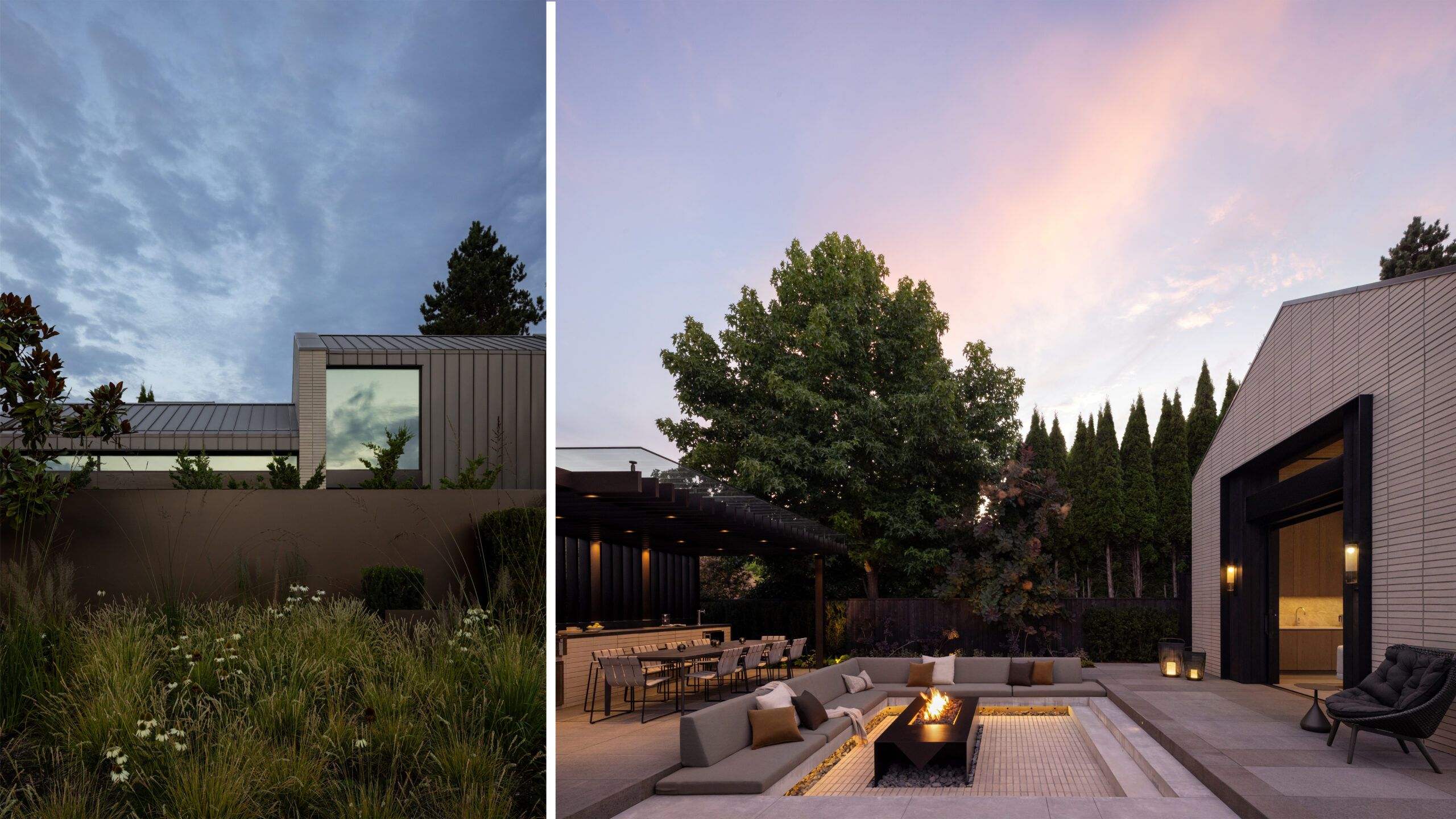 Split view of a modern backyard: left panel shows a building under a blue sky, right panel shows a pink sunset over trees and outdoor lounge area
