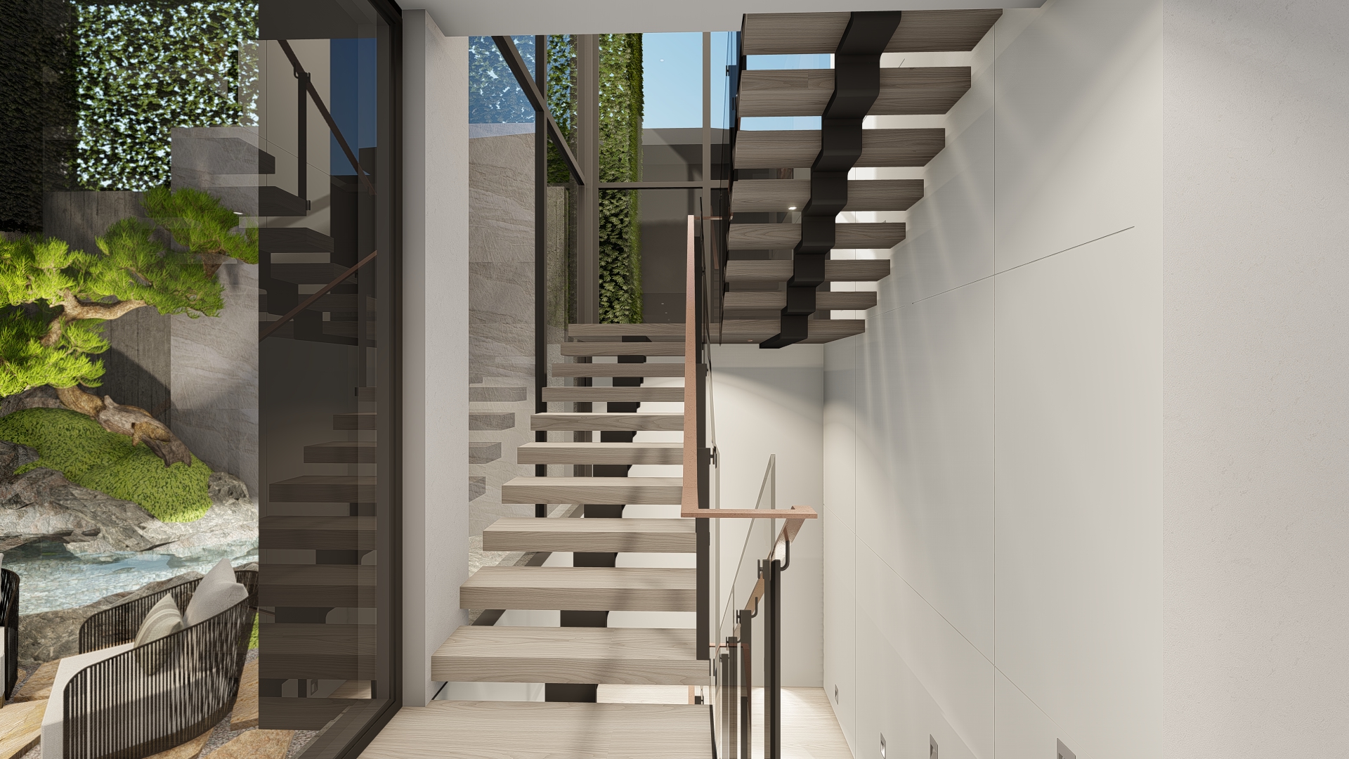 Modern open stairway with floating wooden steps and glass railing in a bright interior courtyard. (informative)