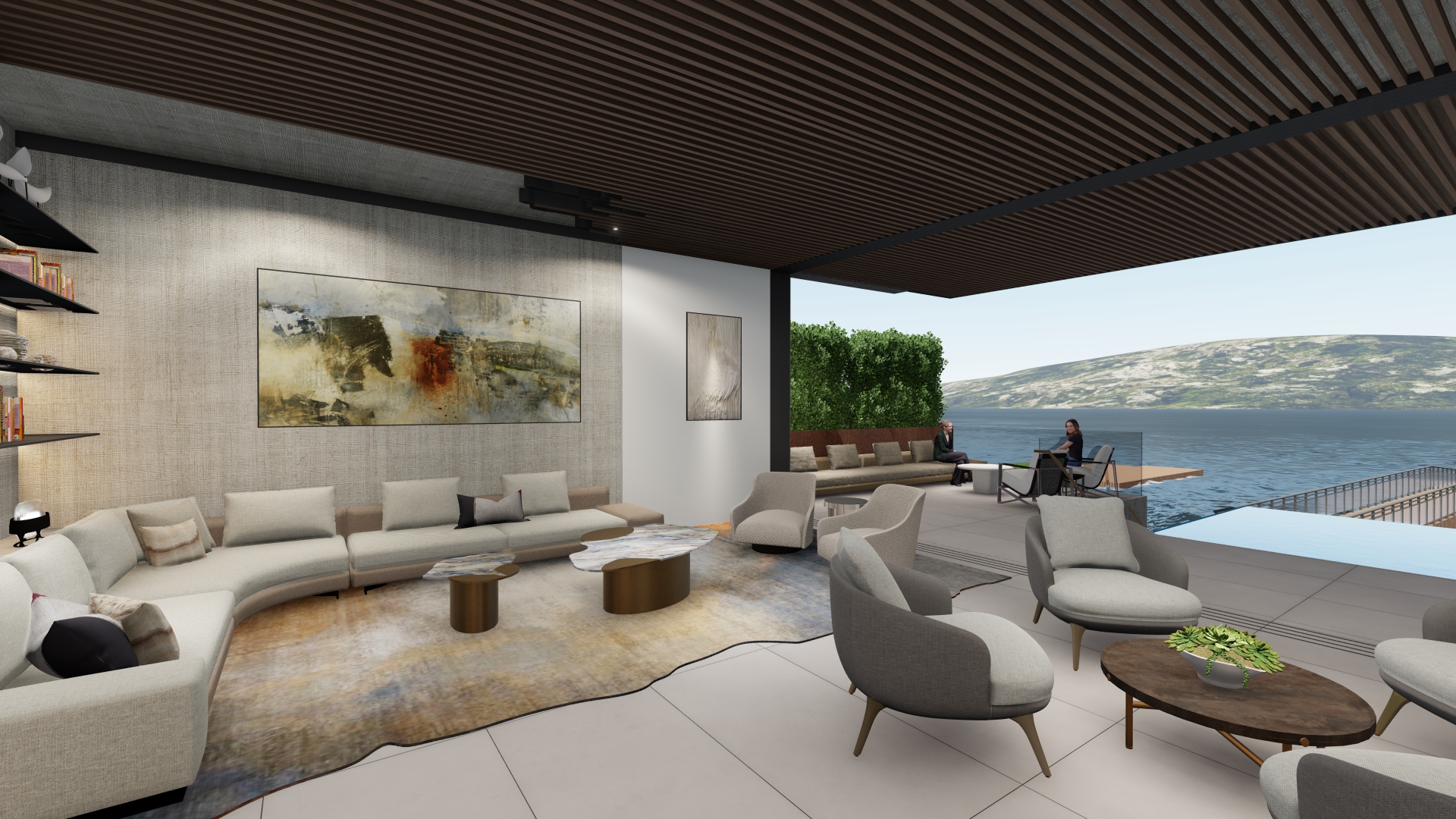 Luxurious open-plan living room with cream sofas, abstract wall art, and a coastal outdoor terrace overlooking the water and hills