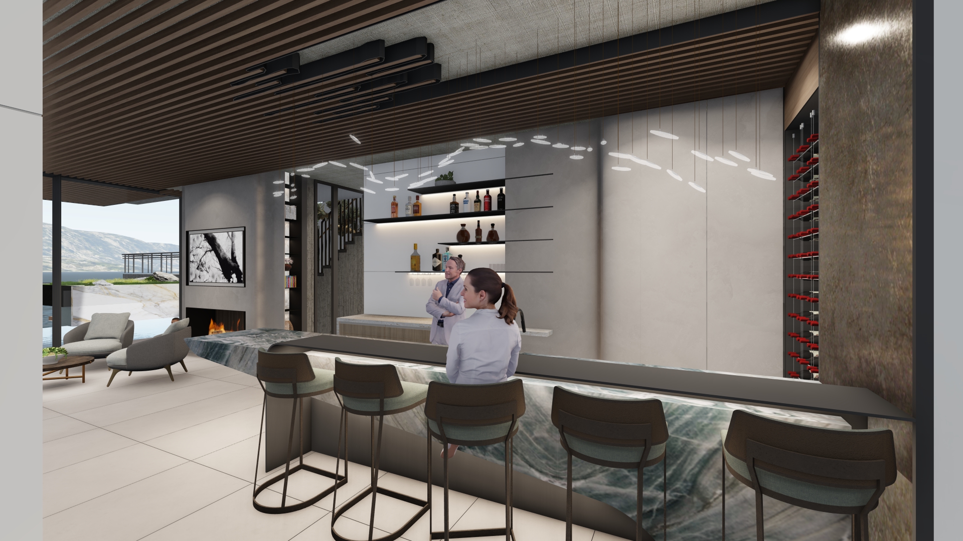 Contemporary bar with a marble counter, backlit liquor shelves, and a wall fireplace; two staff stand at the counter.