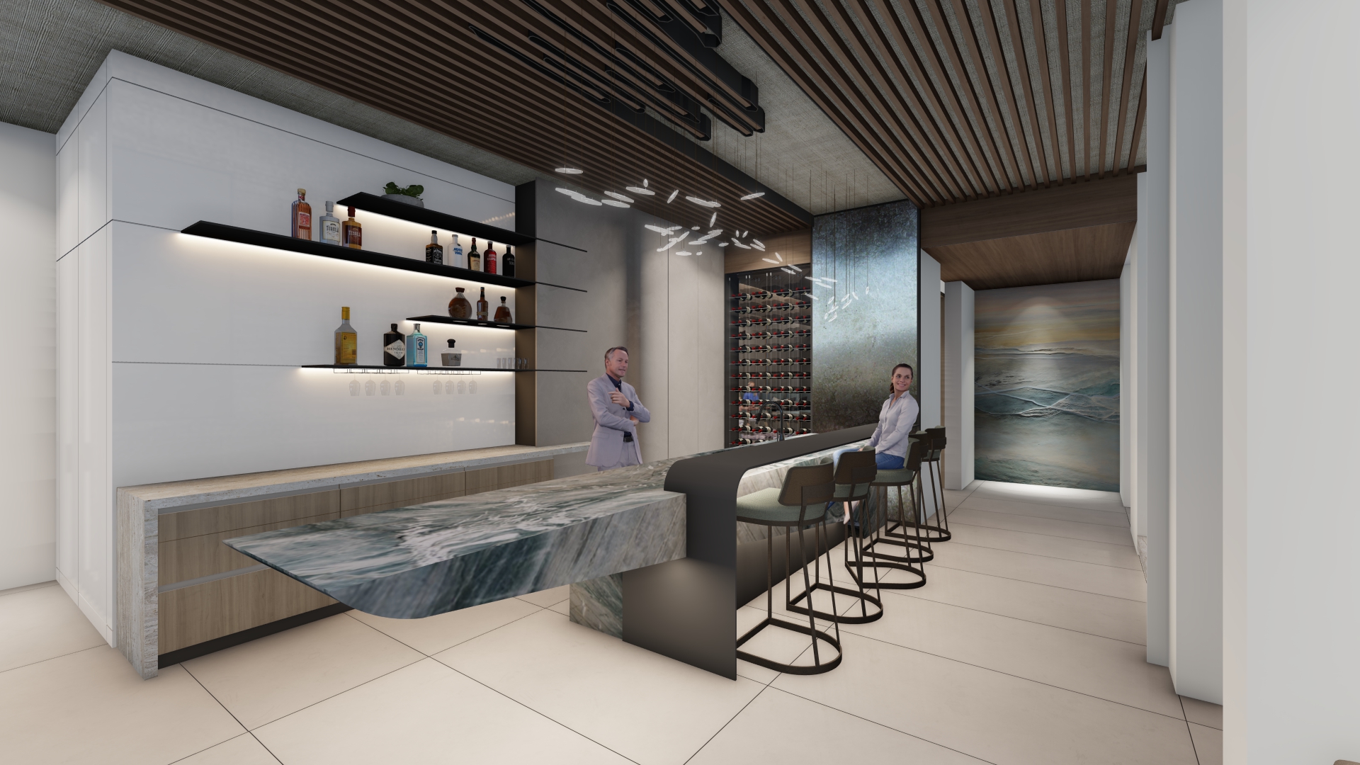Modern bar interior with white cabinetry, backlit bottle shelves, and a marble counter; two patrons sit on bar stools by a wine rack.