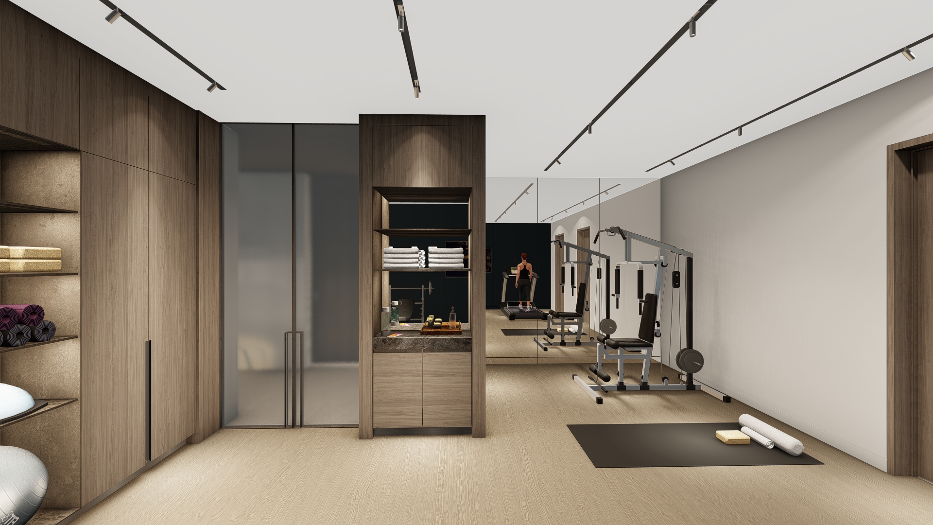 Modern home gym with wooden cabinetry, mirrored wall, and a range of equipment including a multi-gym, treadmill, and free weights; soft beige flooring and track lighting.