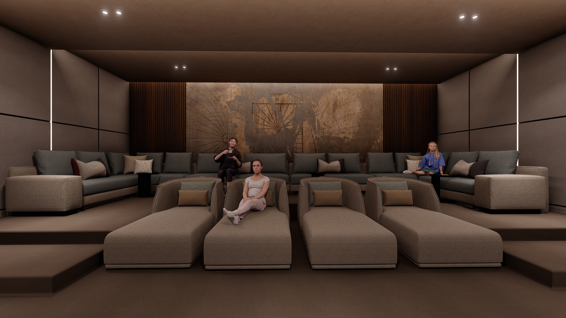 Luxurious brown cinema lounge with modular sofas and three people relaxing in a dim setting