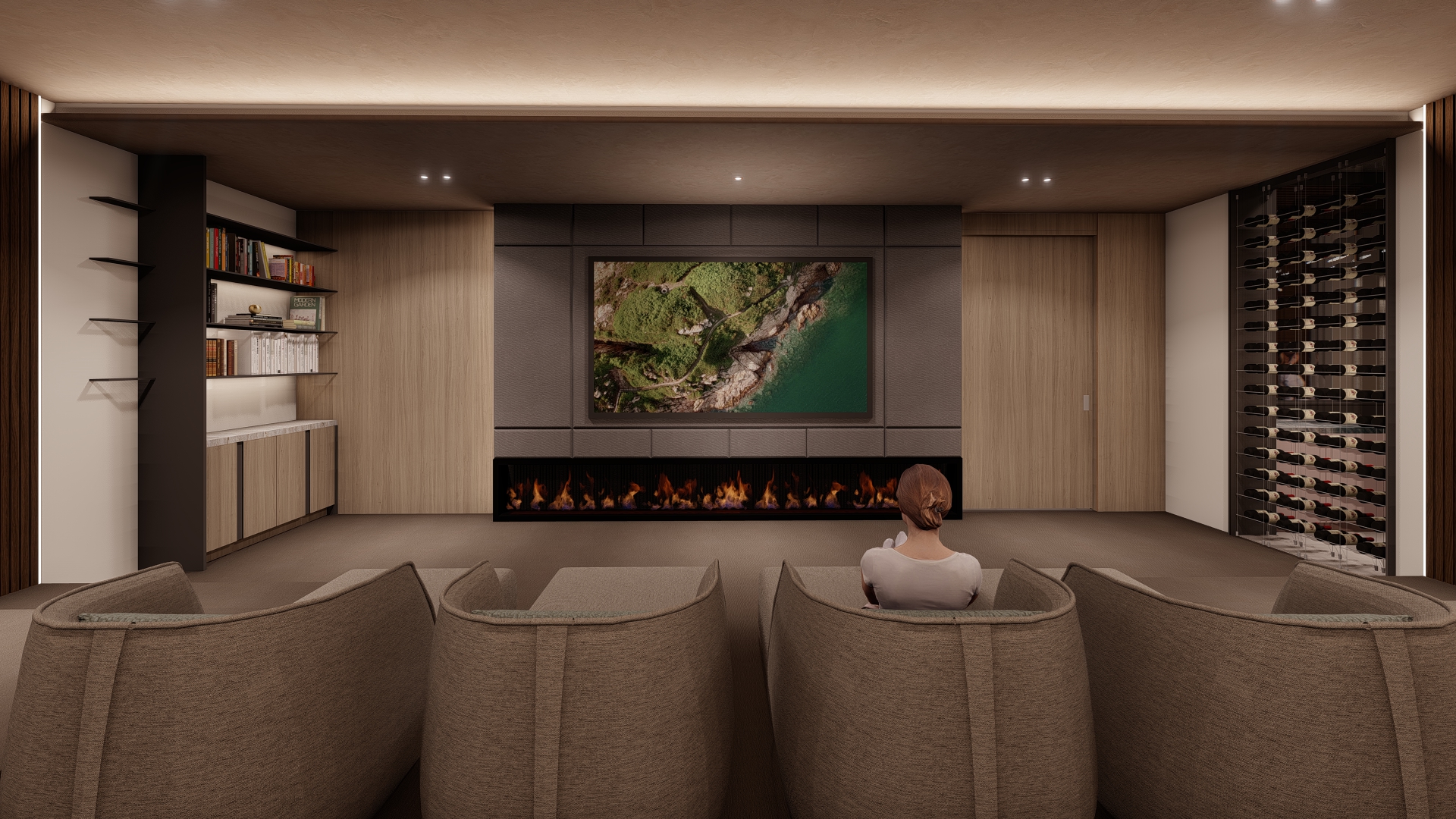 Modern home theater: large screen above a linear fireplace, with built-in wood cabinets and wall shelves on the left and a wine rack on the right.