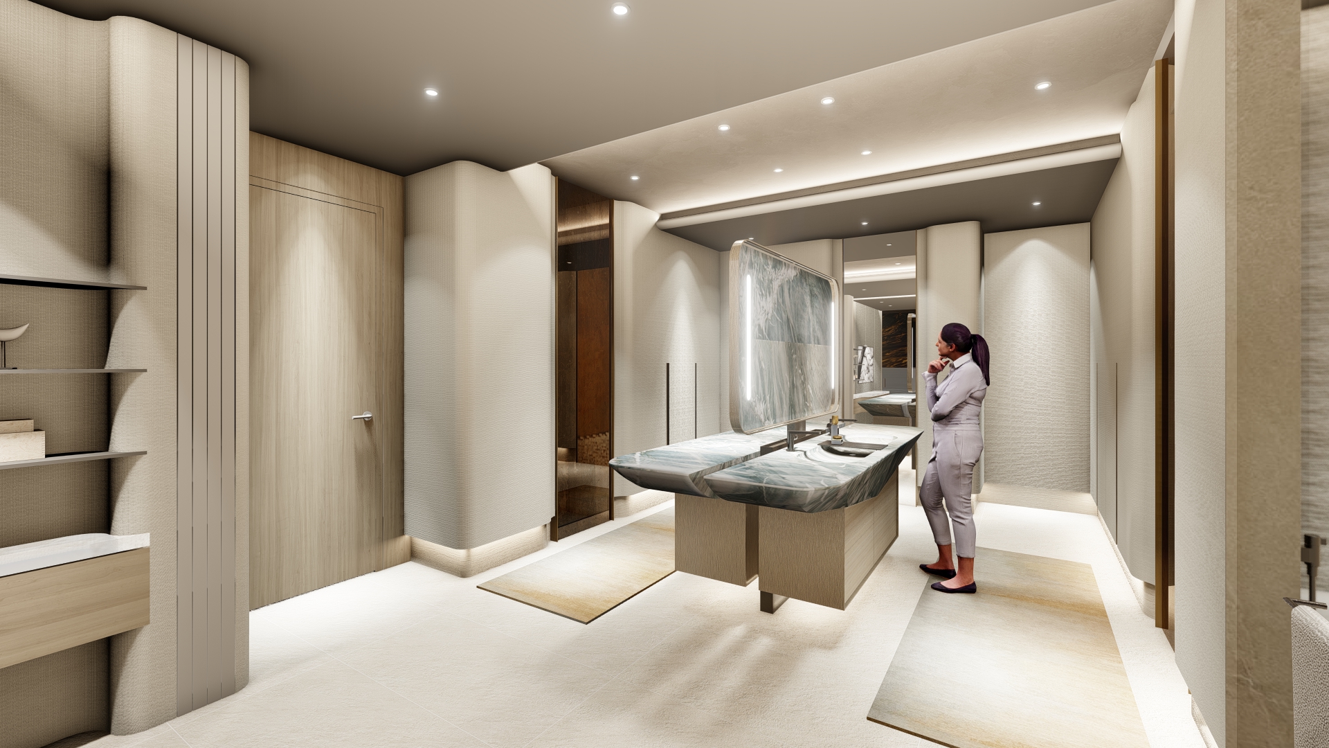 Modern luxury bathroom showroom with a marble dual-sink vanity and neutral beige tones; a person stands nearby evaluating the design.