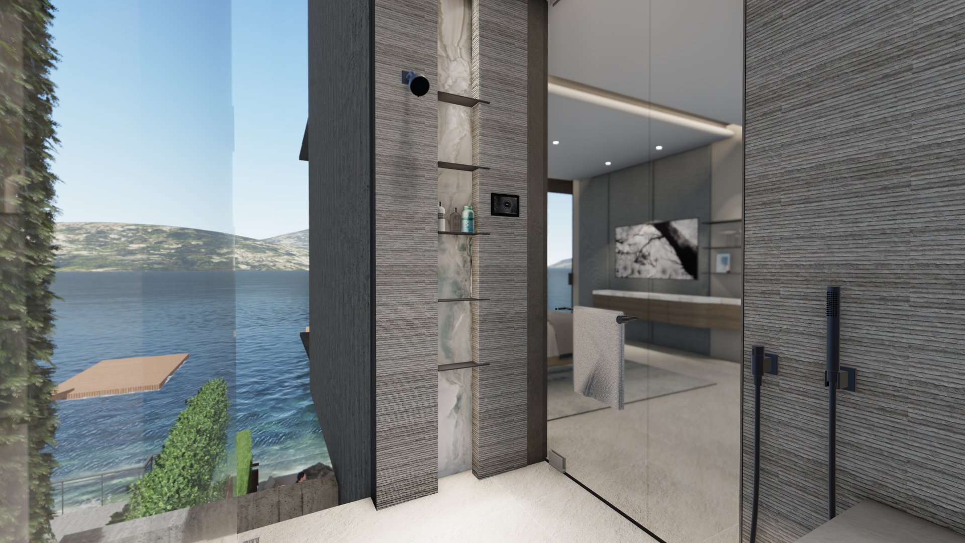 Modern bathroom with textured stone walls, a glass partition, and a view of the sea and hills outside