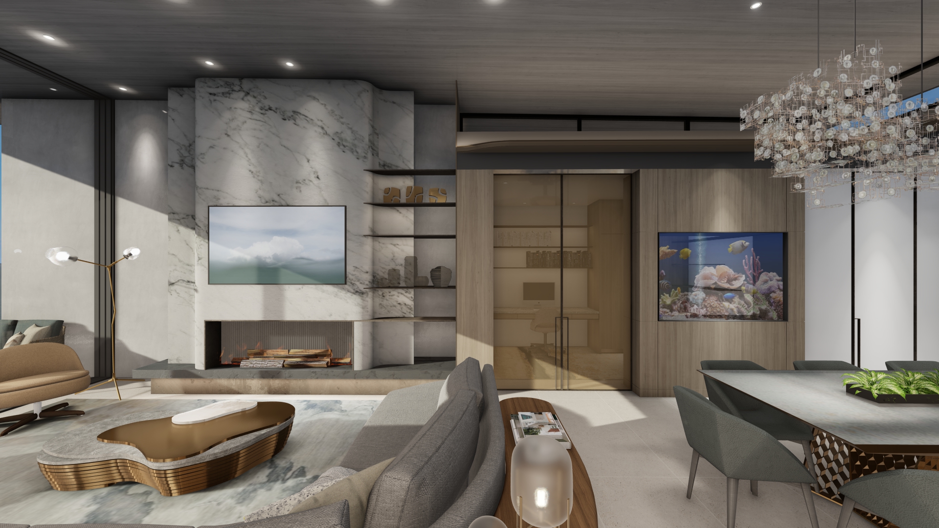 Open-plan living room with a marble fireplace, built-in shelves, and a wall-mounted TV.