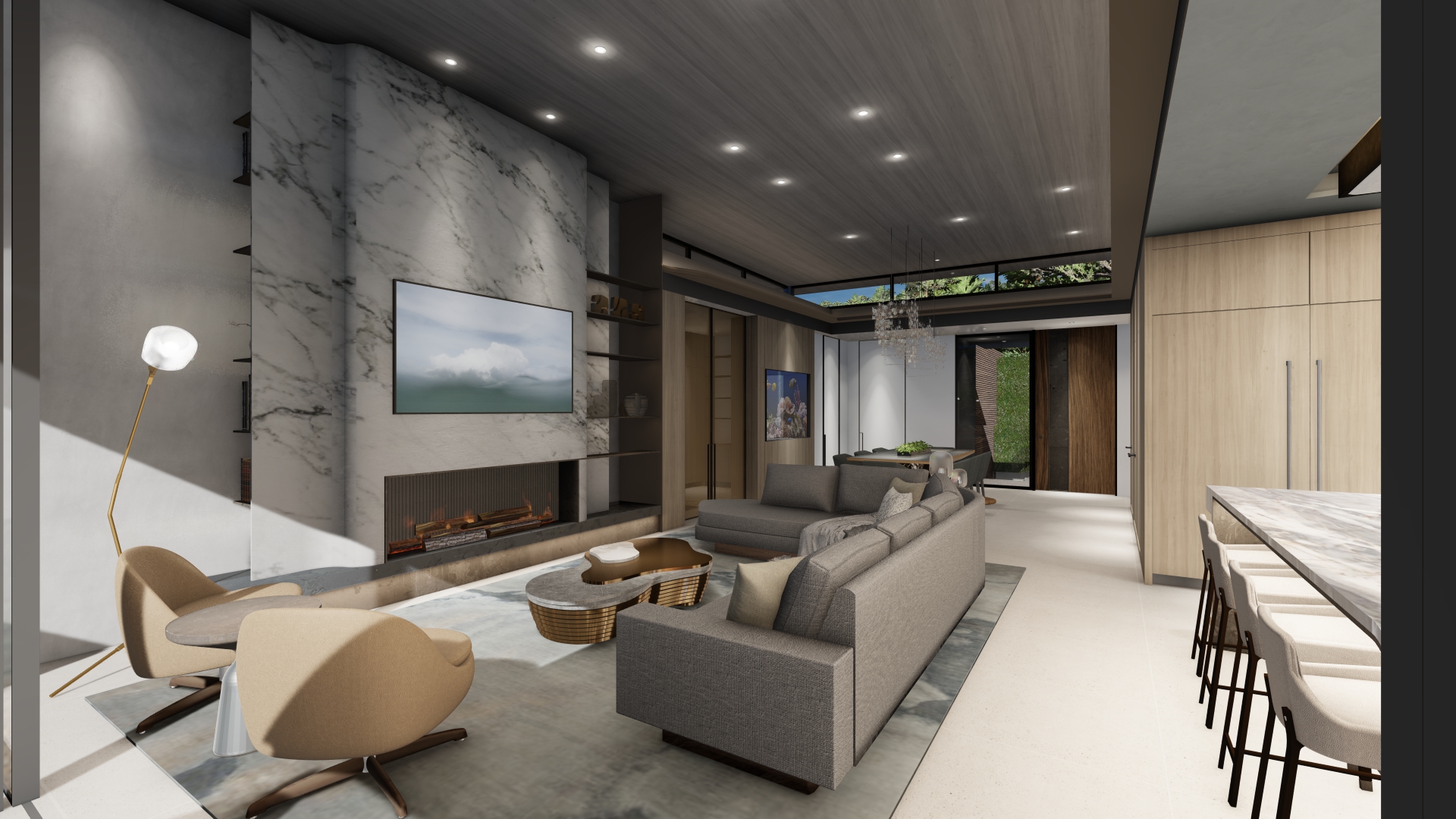 Modern living room with a marble fireplace, wall TV, and gray sectional seating in an open-plan space living area.