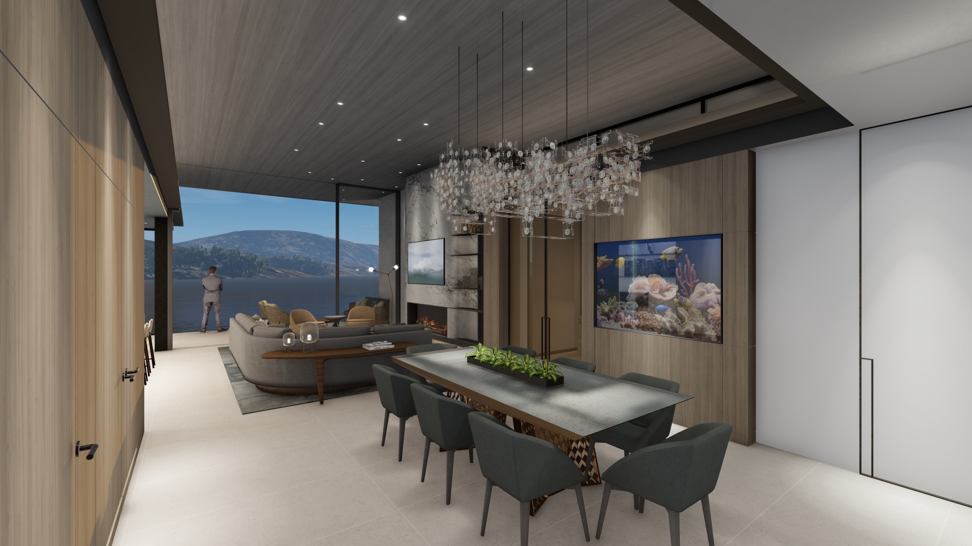 Open-concept living and dining area with a large ocean-view balcony, gray furniture, and a crystal chandelier centerpiece.