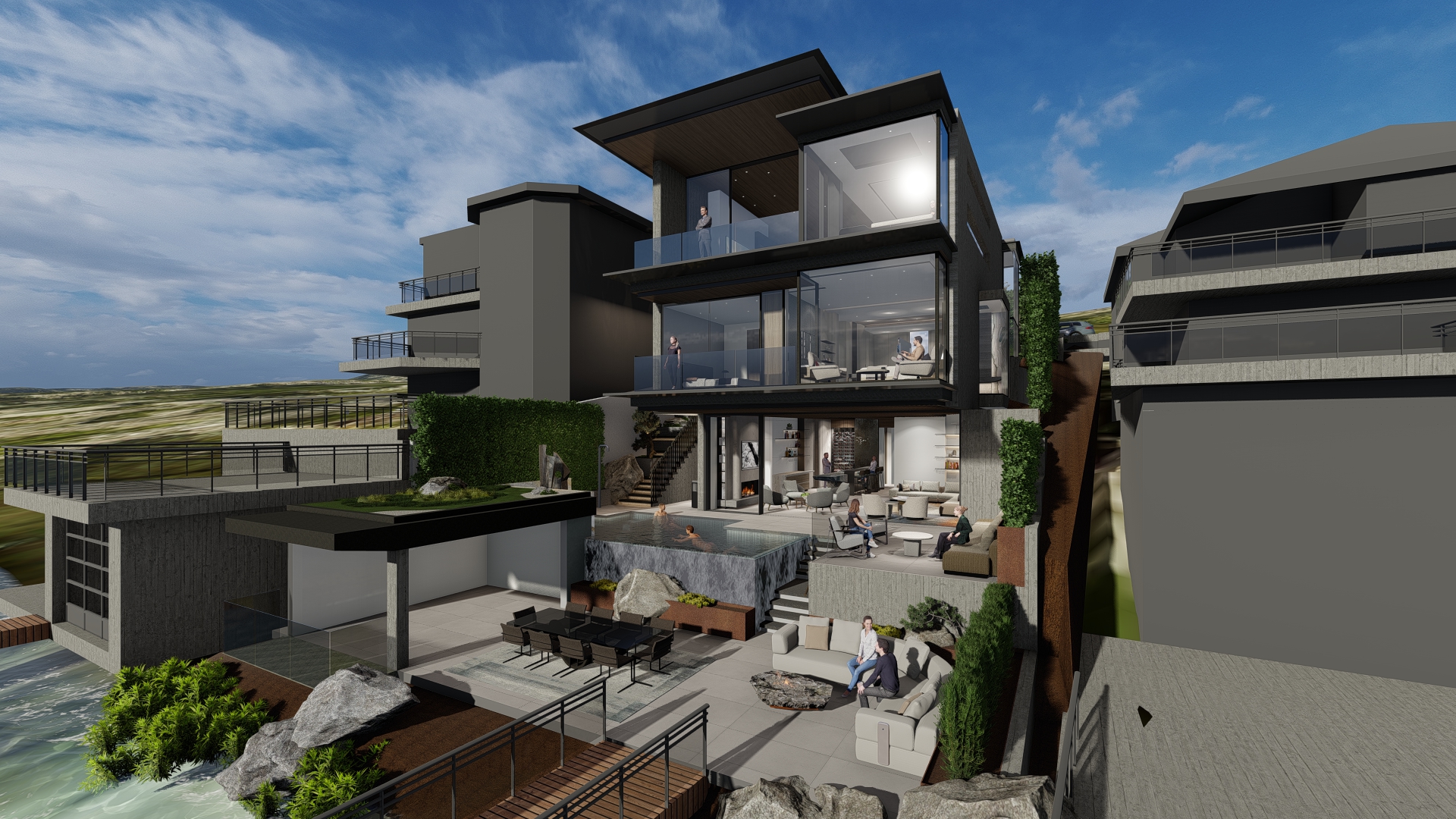 Modern multi‑level residence with glass balconies, outdoor lounges and a pool overlooking water; people relax on the terraces.
