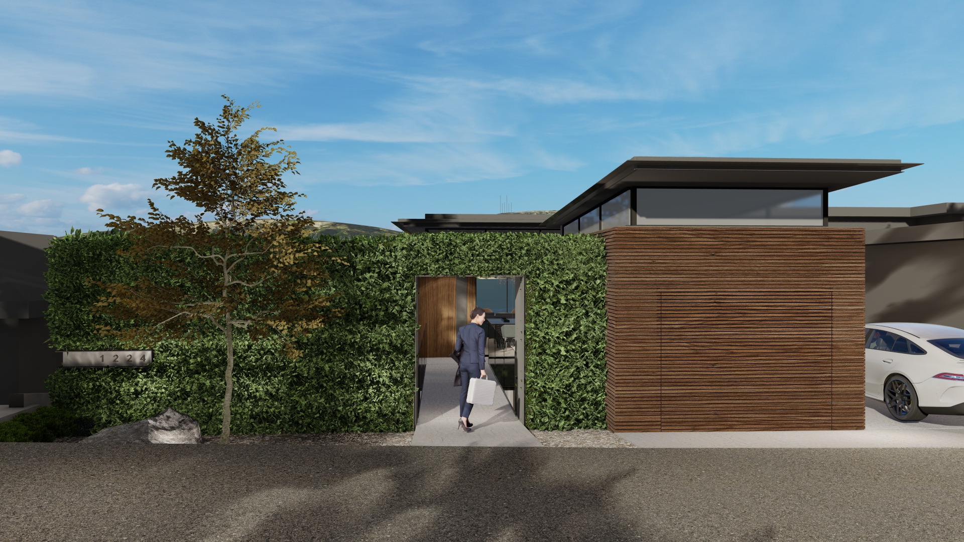 Modern house entrance with a tall hedge, wood-clad wall, and a person in a business suit entering through a glass doorway; a white car is parked to the right.