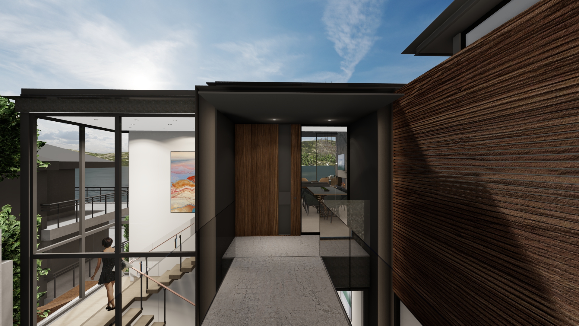 Modern interior corridor with dark framing, a tall wooden wall feature, and glass railing leading to a bright dining area; blue sky visible outside.